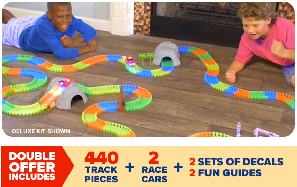 Magic Tracks® double offer includes 440 track pieces, 2 race cars, 2 sets of decals, 2 fun guides